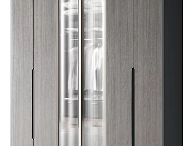 Modern Wooden Wardrobe With Striped Glass Door And Black Handles Interior Design 3d model