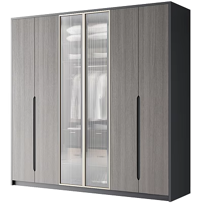 Modern Wooden Wardrobe With Striped Glass Door And Black Handles Interior Design 3d model