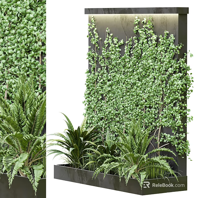 Lush Vertical Green Plant Wall With Diverse Foliage And Dark Wall Design 3d model 