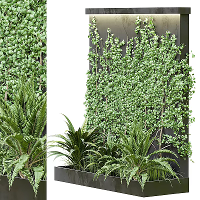 Lush Vertical Green Plant Wall With Diverse Foliage And Dark Wall Design 3d model