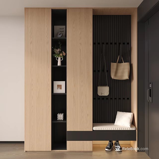 Modern Entryway Cabinet Side Cabinet With Wooden Panels Hanging Hooks Storage Shelves And Bench 3d model 