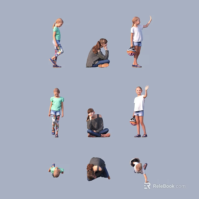 Multiple People Including Children And Adult In Various Poses With Skateboard And Basketball 3d model 