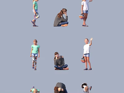 Multiple People Including Children And Adult In Various Poses With Skateboard And Basketball 3d model