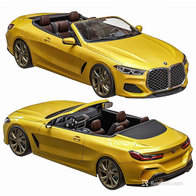 Luxury Yellow Convertible Sports Car With Black Soft Top Brown Seats Alloy Wheels 3d model 