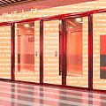 Shopping Mall Store Entrance With Glass Doors Colorful Ads Wooden Ceiling And Striped Floor