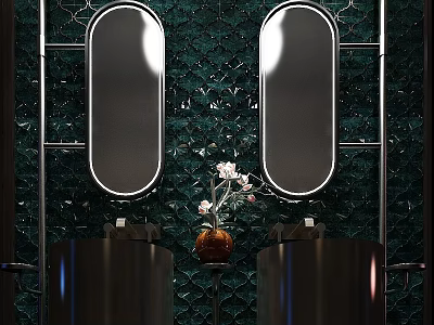 Modern Bathroom Washbasin With Double Oval Mirrors Dark Green Diamond Patterned Tiles and Flower Vase 3d model