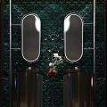 Modern Bathroom Washbasin With Double Oval Mirrors Dark Green Diamond Patterned Tiles and Flower Vase