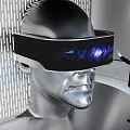 Technology Exhibition Hall with VR Headset on Humanoid Model and Interactive Digital Wave