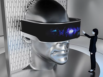 Technology Exhibition Hall with VR Headset on Humanoid Model and Interactive Digital Wave 3d model