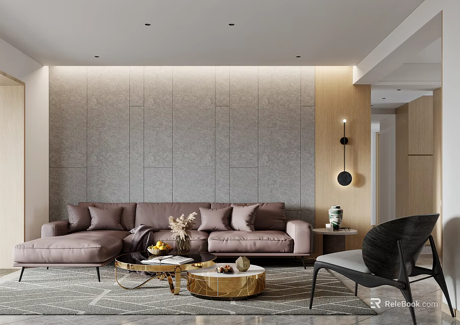 Modern Living Dining Room Interior With Gray Wall Brown Sofa And Round Coffee Table 3d model 