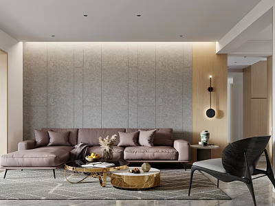 Modern Living Dining Room Interior With Gray Wall Brown Sofa And Round Coffee Table 3d model