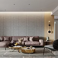 Modern Living Dining Room Interior With Gray Wall Brown Sofa And Round Coffee Table