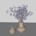Beige Ceramic Vase with Purple Delicate Flowers and White Striped Container on White Surface Background