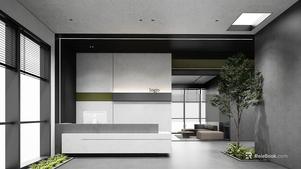 Modern Reception Desk Design With Backdrop Wall Green Plant And Sofa Area 3d model 