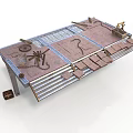 Scene Construction Component With Sloped Tracks Metal Grid Panels Wooden Planks And Mechanical Parts