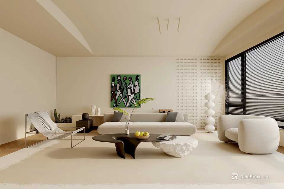 Modern Living Room Interior Design With Sofa Coffee Table Artwork And Floor To Ceiling Windows 3d model 