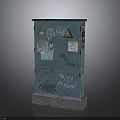 Blue Electrical Appliances Cabinet With Graffiti Stickers And Warning Signs