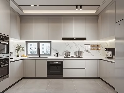 Modern Kitchen Interior With White Cabinets Marble Countertop And Stainless Steel Appliances 3d model
