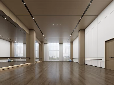 Spacious Fitness Studio With Mirrors Wooden Floors Ballet Barres And Exercise Balls 3d model