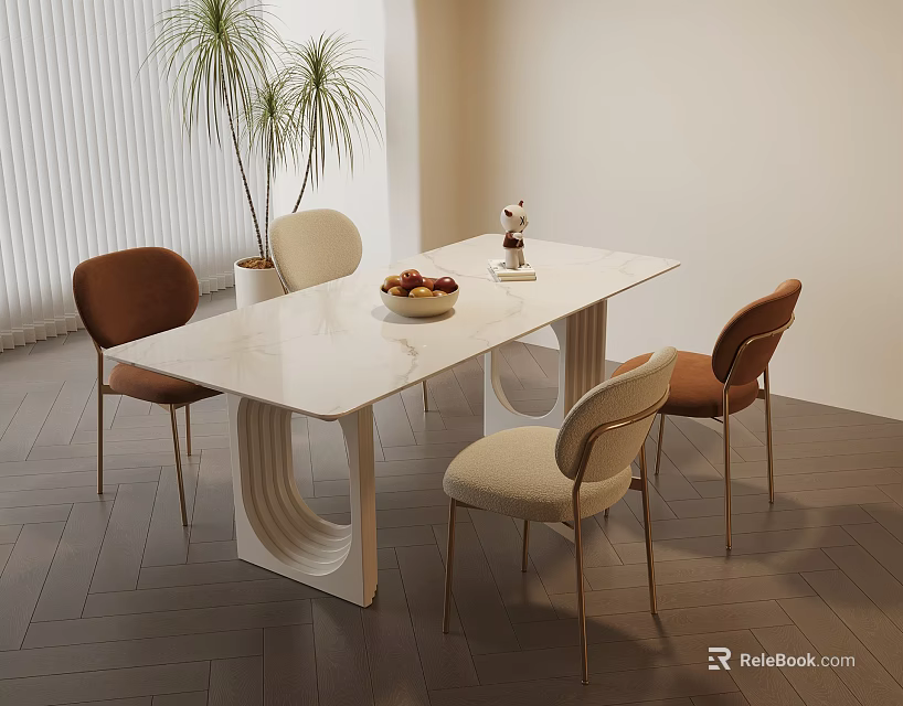 Modern Dining Room With White Rectangular Table Fruit Bowl Decorations And Four Chairs 3d model