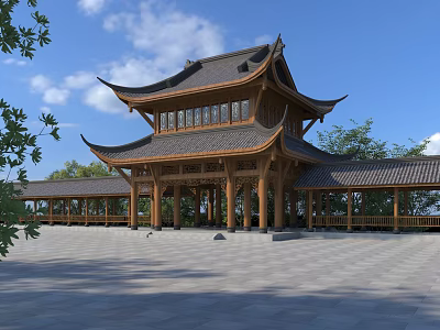 Ancient Chinese Architecture Featuring Wooden Overhanging Eaves Tiled Roof And Stone Square Under Blue Sky 3d model