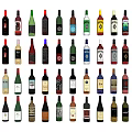 Various Colorful Shaped Wine Bottles And Glasses Arranged In Multiple Rows