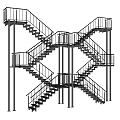 Modern Multi Level Staircase With Metal Railings And Cross Structure Design 3d model