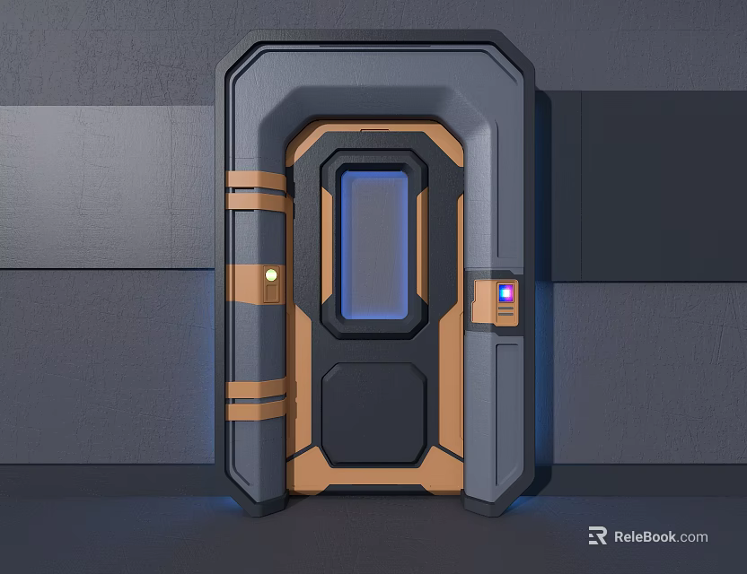 Futuristic Sci Fi Metal Door With Blue Illuminated Window And Control Panel 3d model 