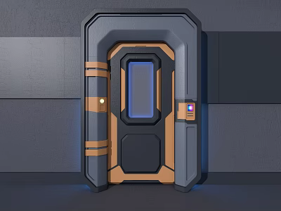 Futuristic Sci Fi Metal Door With Blue Illuminated Window And Control Panel 3d model