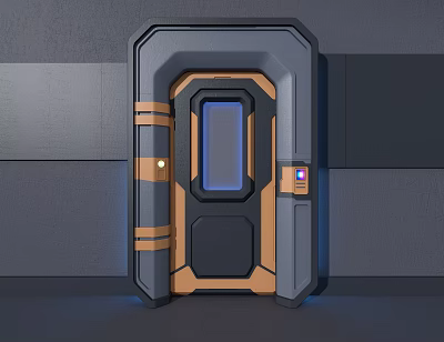 Futuristic Sci Fi Metal Door With Blue Illuminated Window And Control Panel 3d model