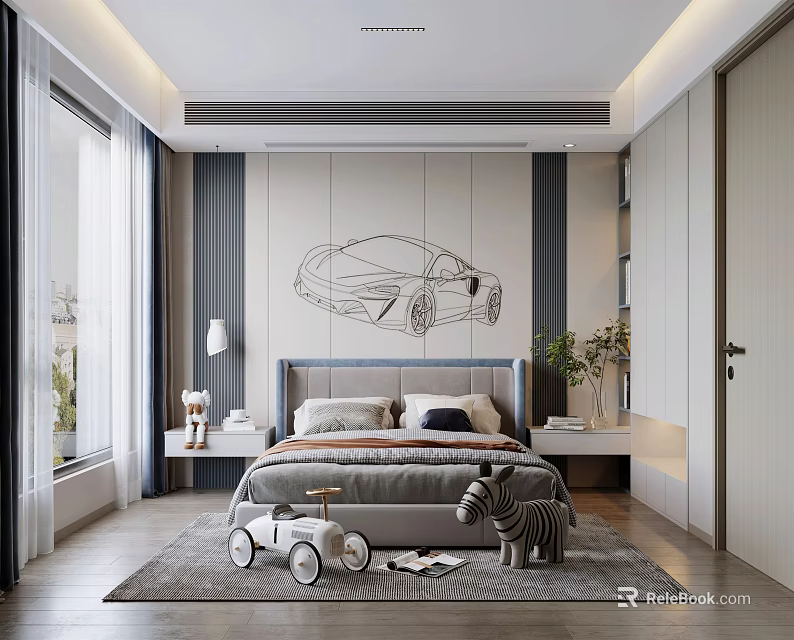 Modern Kids Room Interior With Car Pattern Wall Toy Car And Zebra Stuffed Toy 3d model 