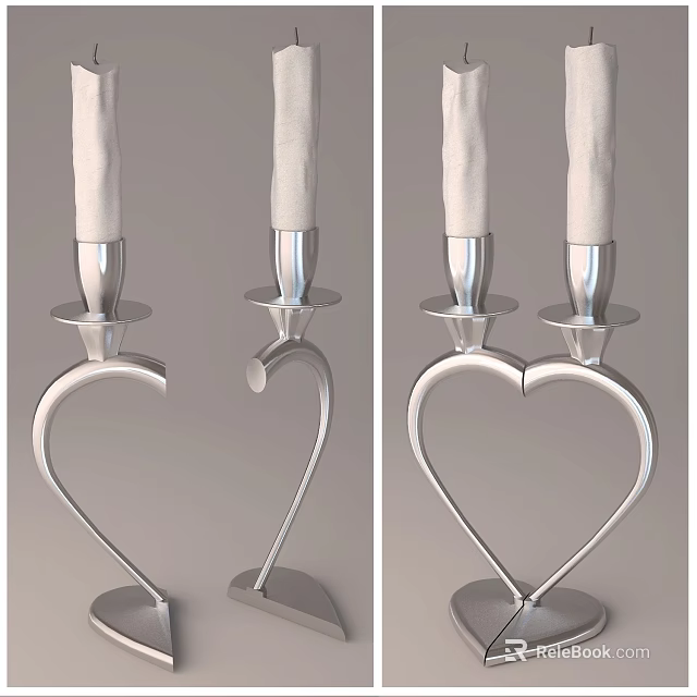 Elegant Silver Metal Candle Lamp With Heart Shaped Base And Two Candle Holders 3d model 