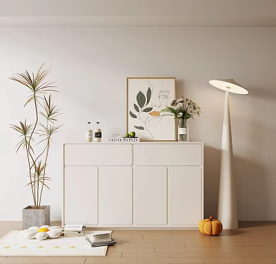 Modern White Entryway Side Cabinet With Framed Artwork Flower Vase Floor Lamp And Potted Plant 3d model