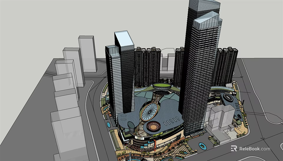 High Rise Residential Buildings With Central Commercial Plaza And Green Spaces 3d model 