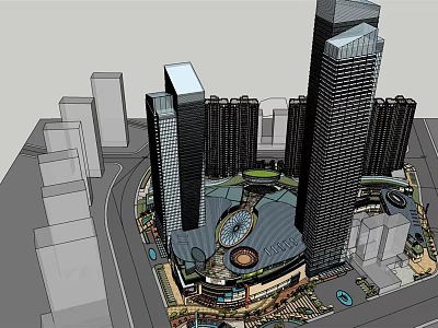 High Rise Residential Buildings With Central Commercial Plaza And Green Spaces 3d model