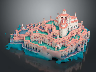 Cartoon Scene Of Fantasy Castle With Pink White Buildings Green Details And Blue Water Waves 3d model