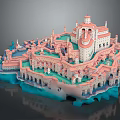 Cartoon Scene Of Fantasy Castle With Pink White Buildings Green Details And Blue Water Waves