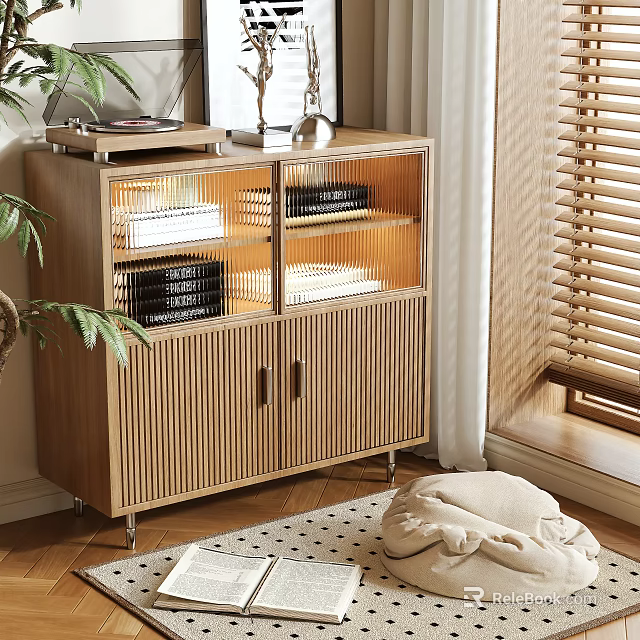 Modern Wooden Storage Cabinet With Glass Doors Ribbed Panels Metal Legs And Decorative Items 3d model 