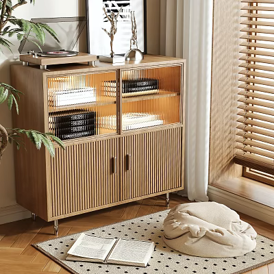 Modern Wooden Storage Cabinet With Glass Doors Ribbed Panels Metal Legs And Decorative Items 3d model
