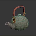 Household Teapot With Gray Textured Body Orange Leather Handle And Metal Clasps