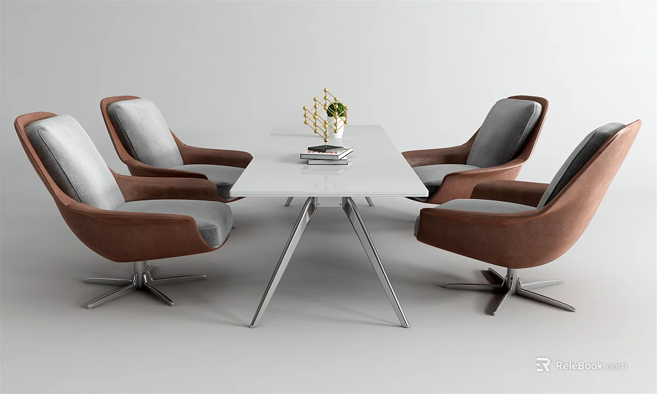 Modern Dining Table And Chair Set With White Tabletop Silver Legs And Decorative Vase 3d model 