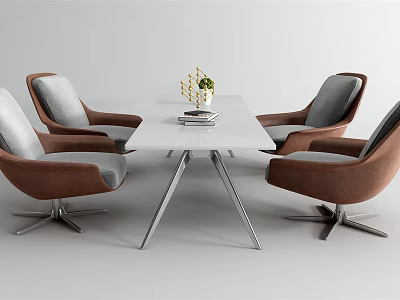 Modern Dining Table And Chair Set With White Tabletop Silver Legs And Decorative Vase 3d model