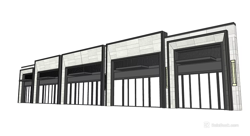 Modern Multiple Glass Entrance Doors With Stone Wall Decor On Building Exterior 3d model 