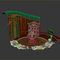 Decorative Building Scene Featuring Green Roof Brown Structure Central Fountain Green Plants Red Steps Signpost