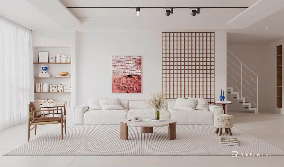 Modern Living Room Interior Design With White Sofa Wooden Coffee Table And Grid Partition 3d model 