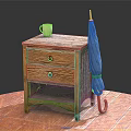 Wooden Nightstand With Two Drawers Open Shelf Blue Umbrella And White Mug On Wooden Floor