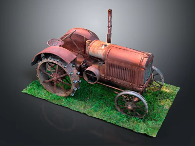 Rusty Vintage Tractor Model Displayed On Green Grass With Detailed Metal Wheels 3d model
