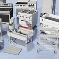 Kitchen Appliances Collection Including Oven Refrigerator Stove Sink And Storage Units