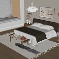 Modern Bedroom Interior With Striped Headboard White Bedding Hanging Chandelier And Decorative Painting