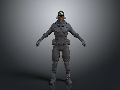 Game Movie Character In Gray Protective Suit With Helmet And Goggles Standing Pose 3d model